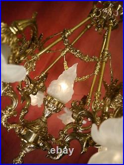Old 9 Light White Satined Glass Brass Art Deco Lamp Chandelier Rose Leaf Ø 24