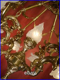 Old 9 Light White Satined Glass Brass Art Deco Lamp Chandelier Rose Leaf Ø 24