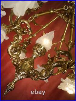 Old 9 Light White Satined Glass Brass Art Deco Lamp Chandelier Rose Leaf Ø 24