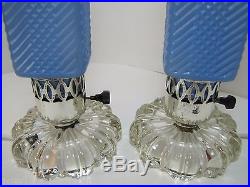 Old Art Deco Pair of Lamps tall skyscraper ornate blue shades chrome clear bases