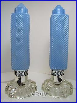 Old Art Deco Pair of Lamps tall skyscraper ornate blue shades chrome clear bases