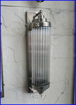 Old Vintage Art Deco Nickel Brass & Glass Rod Light Fixture Wall Sconces Lamp
