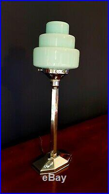 Original 1930 Art Deco Lamp Table/desk Chrome/ Blue Glass Skyscraper Shade Rare