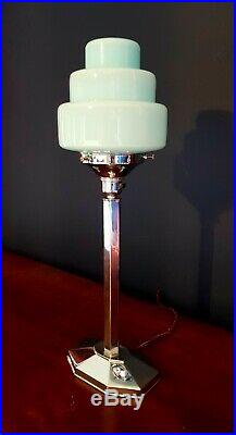 Original 1930 Art Deco Lamp Table/desk Chrome/ Blue Glass Skyscraper Shade Rare