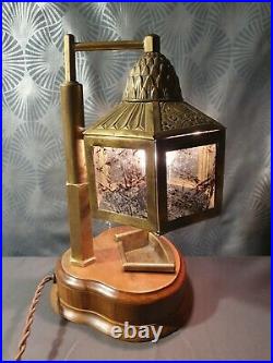 Original 1930s Art Deco Wood & Brass Lampshade with Rhodoid Plates