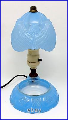 Original Antique Art Deco Glass Boudoir Table Lamp Ashtray Blue Rare Unique