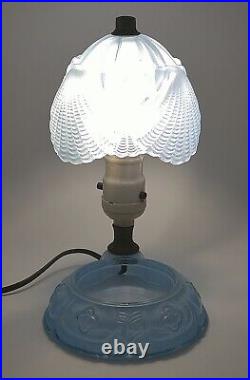 Original Antique Art Deco Glass Boudoir Table Lamp Ashtray Blue Rare Unique