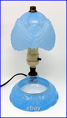 Original Antique Art Deco Glass Boudoir Table Lamp Trinket Dish Blue Rare Unique