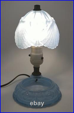 Original Antique Art Deco Glass Boudoir Table Lamp Trinket Dish Blue Rare Unique