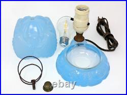 Original Antique Art Deco Glass Boudoir Table Lamp Trinket Dish Blue Rare Unique