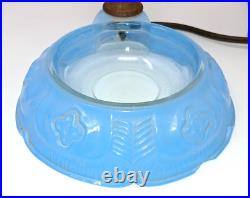 Original Antique Art Deco Glass Boudoir Table Lamp Trinket Dish Blue Rare Unique