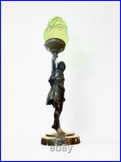 Original Art Deco Bronze Diana Goddess Lamp & Green Glass Flame Shade