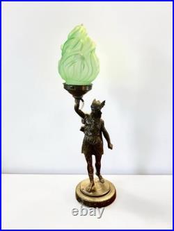 Original Art Deco Bronze Diana Goddess Lamp & Green Glass Flame Shade