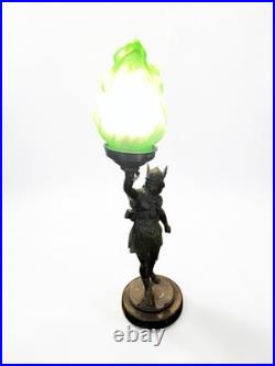Original Art Deco Bronze Diana Goddess Lamp & Green Glass Flame Shade