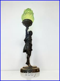 Original Art Deco Bronze Diana Goddess Lamp & Green Glass Flame Shade