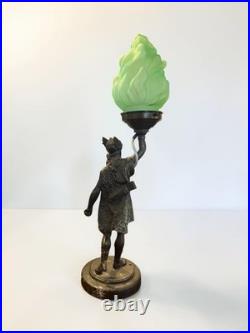 Original Art Deco Bronze Diana Goddess Lamp & Green Glass Flame Shade