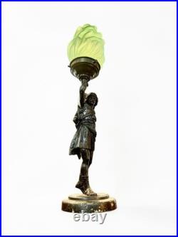 Original Art Deco Bronze Diana Goddess Lamp & Green Glass Flame Shade