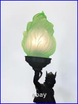 Original Art Deco Bronze Diana Goddess Lamp & Green Glass Flame Shade