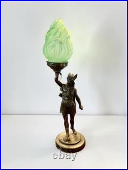 Original Art Deco Bronze Diana Goddess Lamp & Green Glass Flame Shade