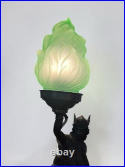 Original Art Deco Bronze Diana Goddess Lamp & Green Glass Flame Shade