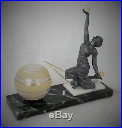 Original Art Deco Figural Spelter Lady Lamp With Original Shade