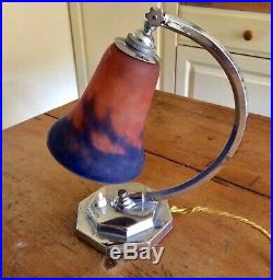 Original Art Deco French Chrome Table Lamp & Glass Shade Muller Croismare