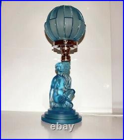 Original Art Deco Ice Blue Colour Glass Lady Table Lamp & Super Art Deco Shade
