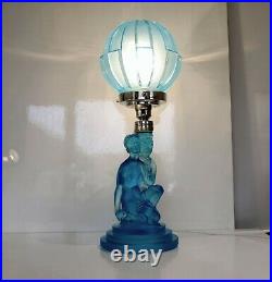 Original Art Deco Ice Blue Colour Glass Lady Table Lamp & Super Art Deco Shade