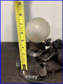Original Art Deco Lady Boudoir Table Lamp with Crackled Clear Glass Globe
