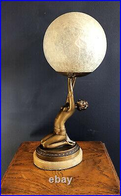 Original Art Deco Lady Lamp With Bronze Patina, Globe Shade And Alabaster Base