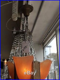 Original Art Deco Slip Shade Chandelier Glass Lamp 4 Light Pendant Very Unusual