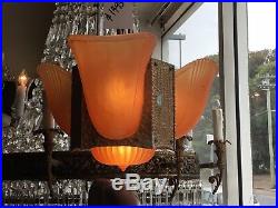 Original Art Deco Slip Shade Chandelier Glass Lamp 4 Light Pendant Very Unusual
