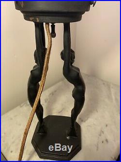 Original Frankart Art Deco Double Lady Lamp with Etched Spritsdekor Shade 20