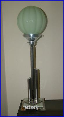 Original Super Stepped Chrome & Lucite Art Deco Lamp Lampe Green Pumpkin Shade