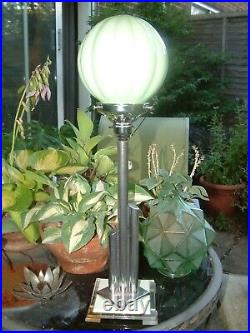 Original Super Stepped Chrome & Lucite Art Deco Lamp Lampe Rare Green Star Shade
