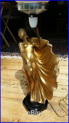 Original leonardi Art Deco Plaster Lady Figure Lamp & peach shade semi nude