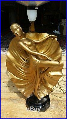Original leonardi Art Deco Plaster Lady Figure Lamp & peach shade semi nude