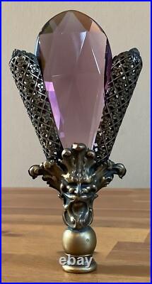 Ornate Art Deco Lamp Finial Brass Filigree & Faceted Amethyst Glass Topper 4.5