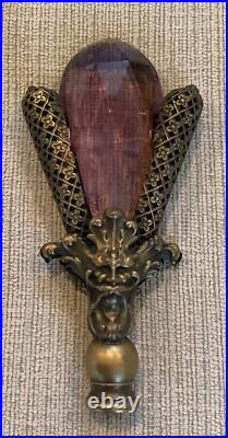 Ornate Art Deco Lamp Finial Brass Filigree & Faceted Amethyst Glass Topper 4.5