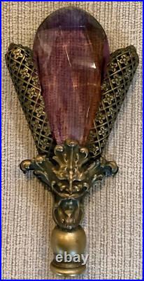 Ornate Art Deco Lamp Finial Brass Filigree & Faceted Amethyst Glass Topper 4.5