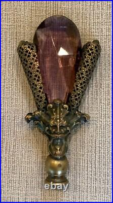 Ornate Art Deco Lamp Finial Brass Filigree & Faceted Amethyst Glass Topper 4.5