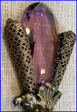 Ornate Art Deco Lamp Finial Brass Filigree & Faceted Amethyst Glass Topper 4.5