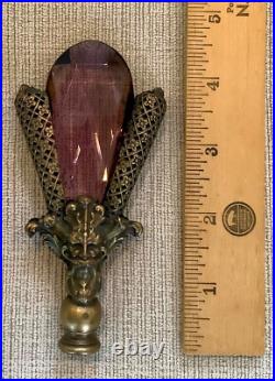 Ornate Art Deco Lamp Finial Brass Filigree & Faceted Amethyst Glass Topper 4.5
