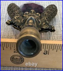 Ornate Art Deco Lamp Finial Brass Filigree & Faceted Amethyst Glass Topper 4.5