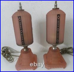 (PAIR) 1930s Houze Glass Art Deco Pink SkyscraperLamps