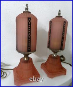 (PAIR) 1930s Houze Glass Art Deco Pink SkyscraperLamps