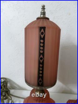 (PAIR) 1930s Houze Glass Art Deco Pink SkyscraperLamps