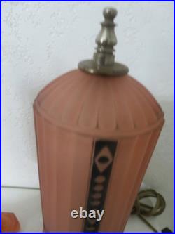 (PAIR) 1930s Houze Glass Art Deco Pink SkyscraperLamps
