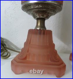 (PAIR) 1930s Houze Glass Art Deco Pink SkyscraperLamps