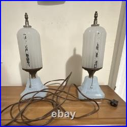 (PAIR) 1930s Houze Glass Art Deco translucent blue base SkyscraperLamps